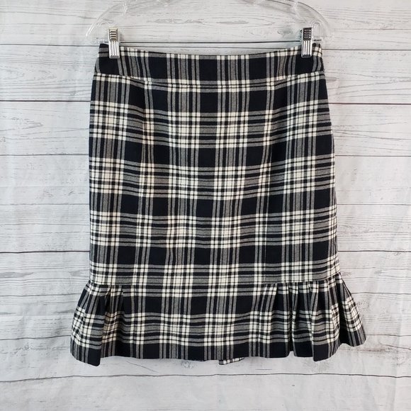 Brooks Brothers Womens Skirt Sz 8 Black Plaid Wool Ruffle Hem Lined - Picture 1 of 3